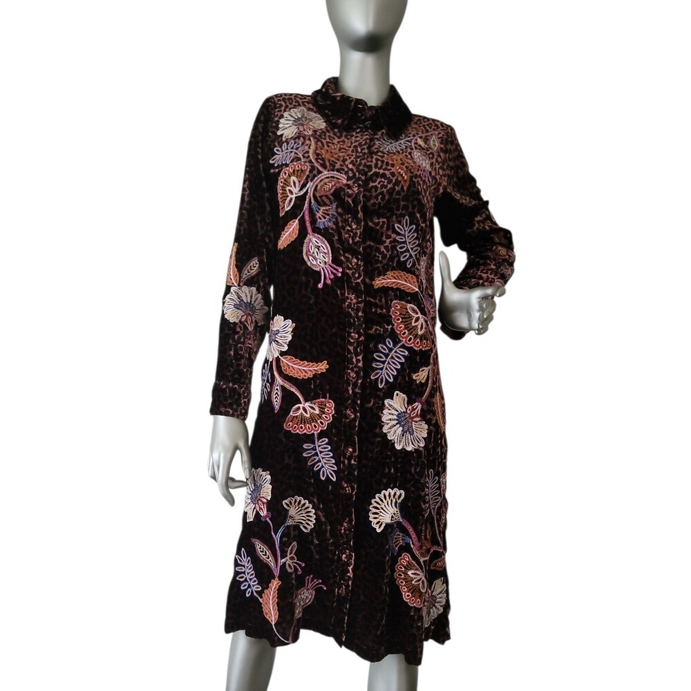 Johnny Was Gineva Embroidered Floral Velvet Button Down Shirt Dress Size Small
